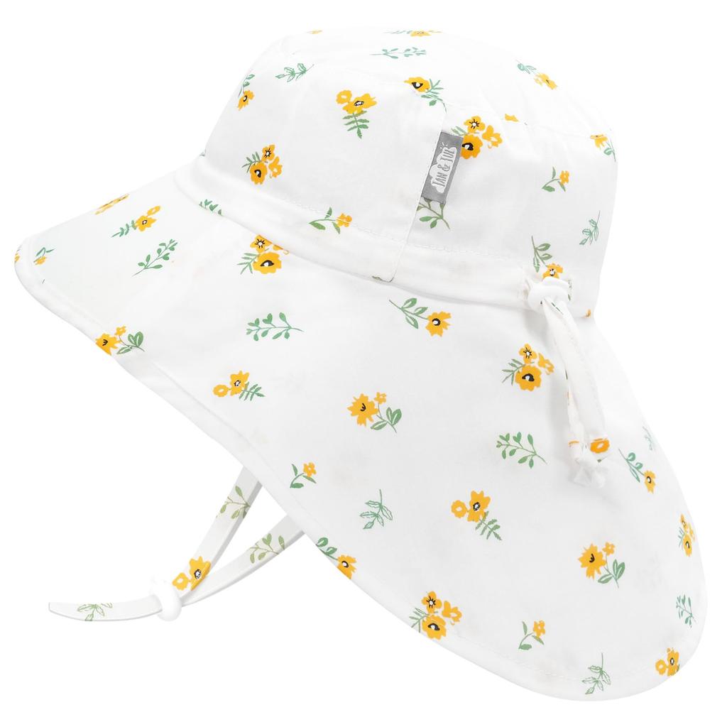 Girls Cotton Sun Hat with Neck Flap Stylish Beach Hat Wide Brim for Babies Yellow [JAN & JUL] (S 0-6 months, Flower)