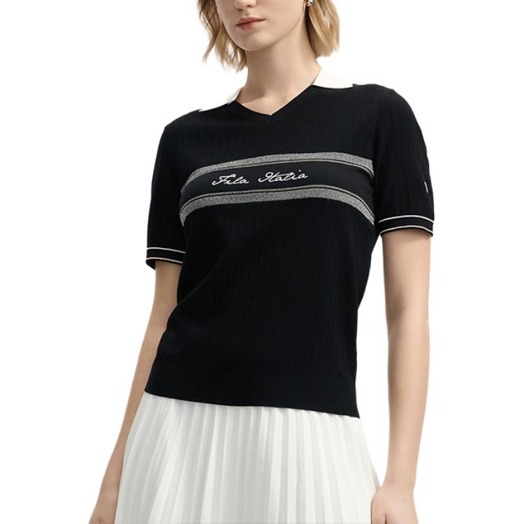 FILA Refreshing Comfortable Literary Style Versatile Slim Fit V-Neck Retro Letter Short Sleeve Knitted Top Women tops Legendary-Blue F11W523411FNV