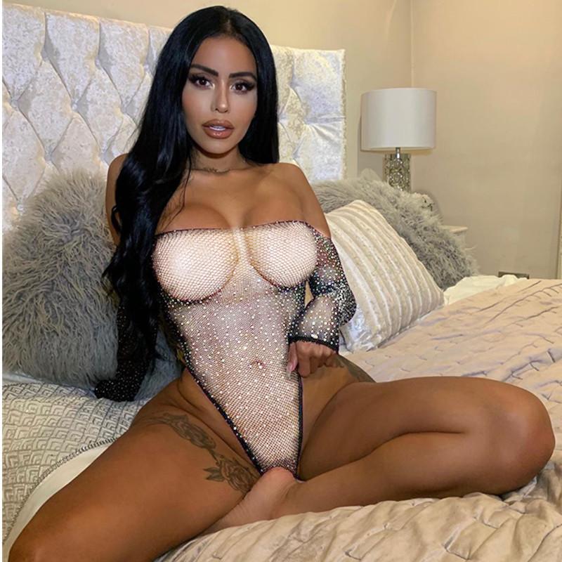Sexy One-Piece Lingerie Bodysuit Women Bra Set Perspective Rhinestone Underwear Transparent Open Strapless Erotic Mesh Bra Sets