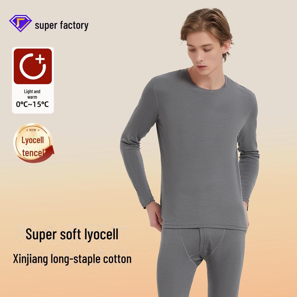 Men's Tencel Lyocell & Cotton Thermal Underwear Set: Antibacterial, Plus Velvet, Autumn Round Neck Top & Trousers