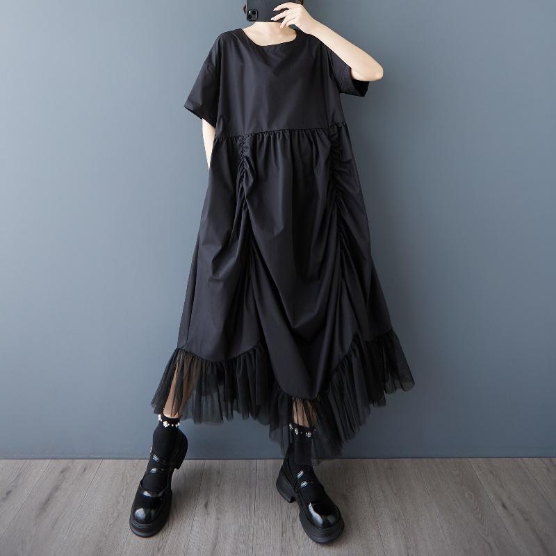 

DIMANAF 2026 Women Plus Size Summer Dress Casual Pleated Lace Spliced Dress Basic Vintage Loose Long Dress One Size