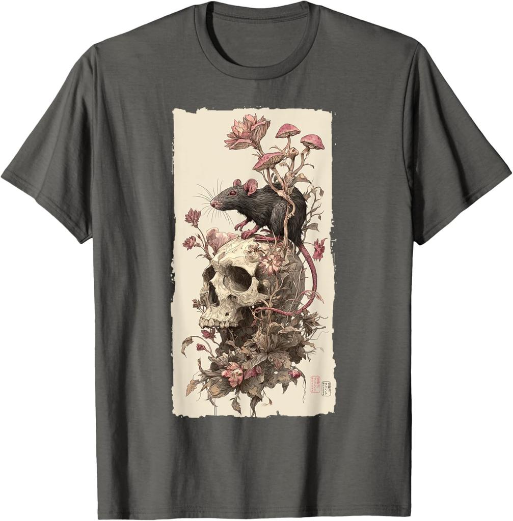 Gothic Rat Skull Mushroom Print Mens Casual Cotton Graphic Tee Soft Breathable TShirt