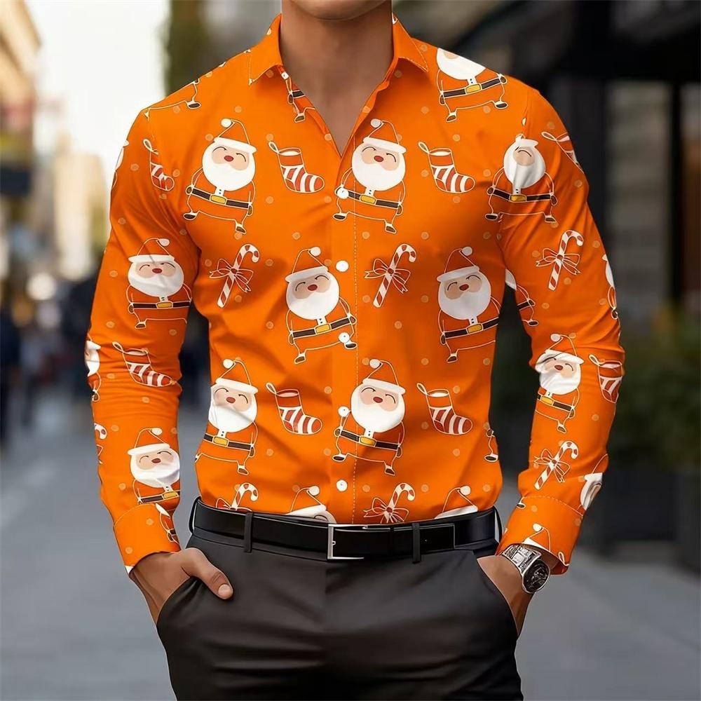 Weihnachten Langarmhemd Kragen Herren Button-Up Hemd Herbst Weihnachten Schneemann 3D-Druck Langarm Herren Feiertagsparty Oberteile