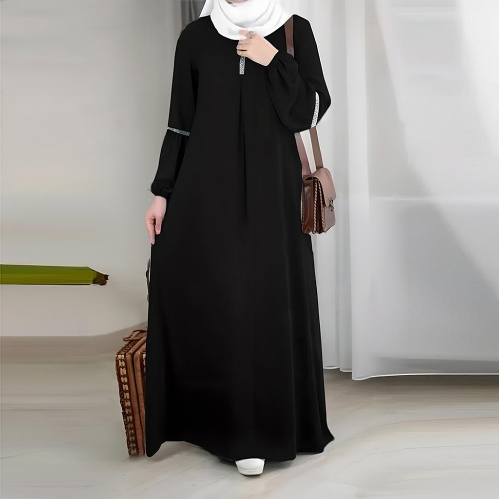 Dámské muslimské ležérní temperamentní elegantní jednobarevné kulaté výstřih s dlouhým rukávem skládané šaty