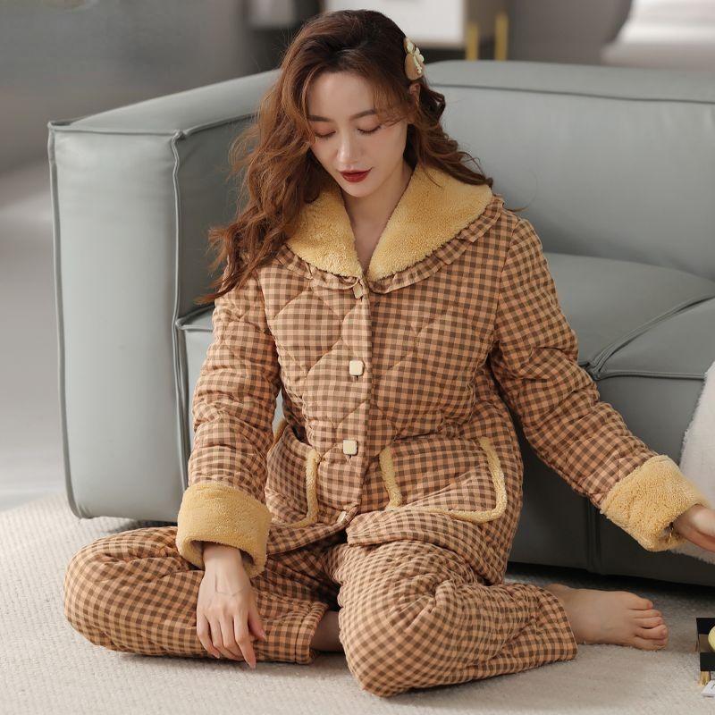 Bunda Pyžamo Dámské Zimní Třívrstvé Teplé Plyšové Zahuštěné Domácí Oblečení Neformální Středního Věku Mladé Pyžamo Set