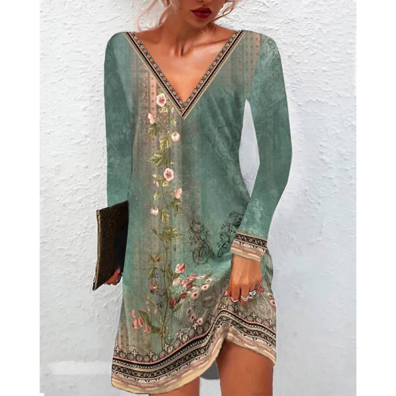 Ethnic Floral Print Lounge Dress With V Neck For Casual Summer Wear
