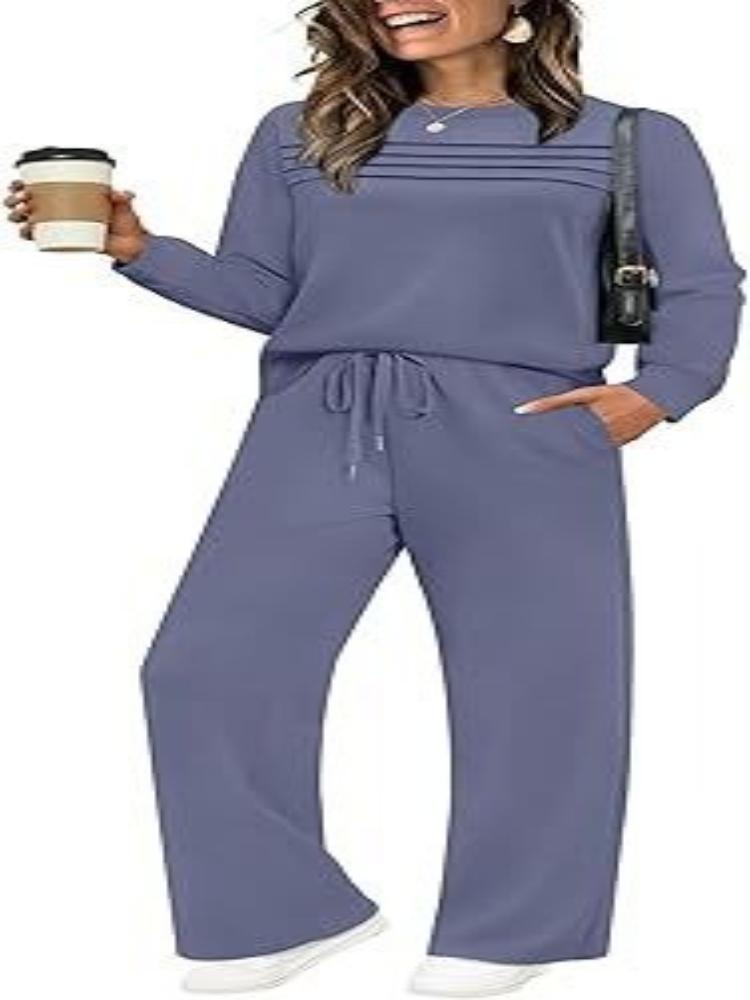 Dark Grey Ribbed Knit Two-Piece Set with Drawstring Waist Pants