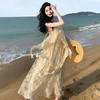 Romantic Heavy Industry Embroidery Suspender Long Dress V-neck Lace Splicing Fairy Skirt Apricot Other Literary and Retro