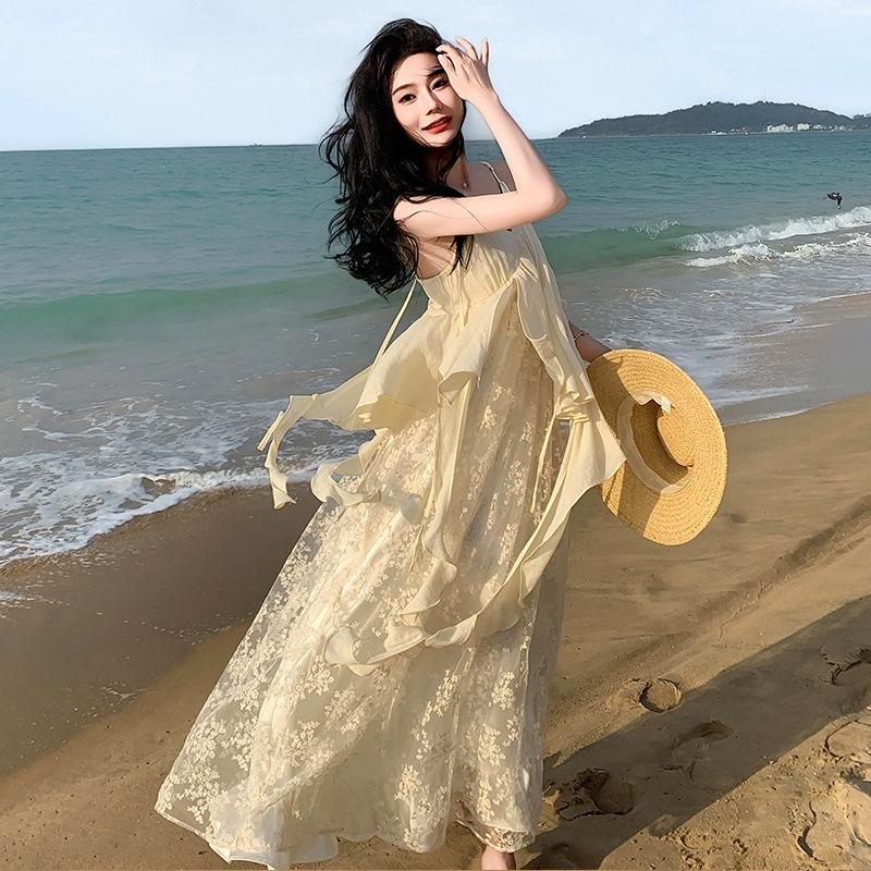 Romantic Heavy Industry Embroidery Suspender Long Dress V-neck Lace Splicing Fairy Skirt Apricot Other Literary and Retro