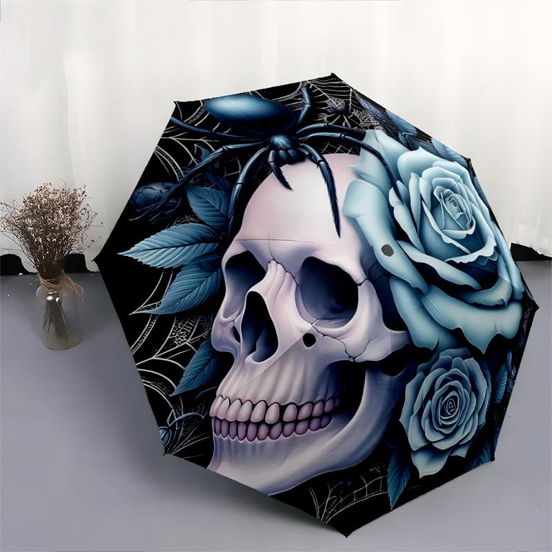 1pc Blue Rose and Spider Pattern Automatic, 8 Iron Frames, High-Value Folding Umbrella, Suitable for Office, Travel and Outdoor Adventure.N013