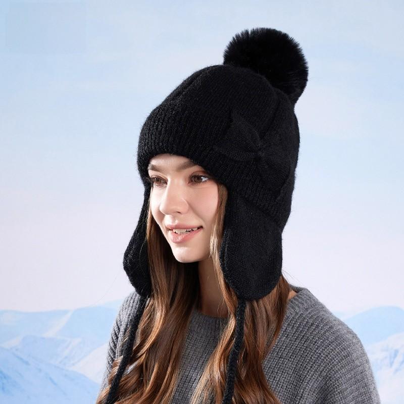Women Knitted Warm Winter Hat With Bow For Outdoor Sports And Commuting