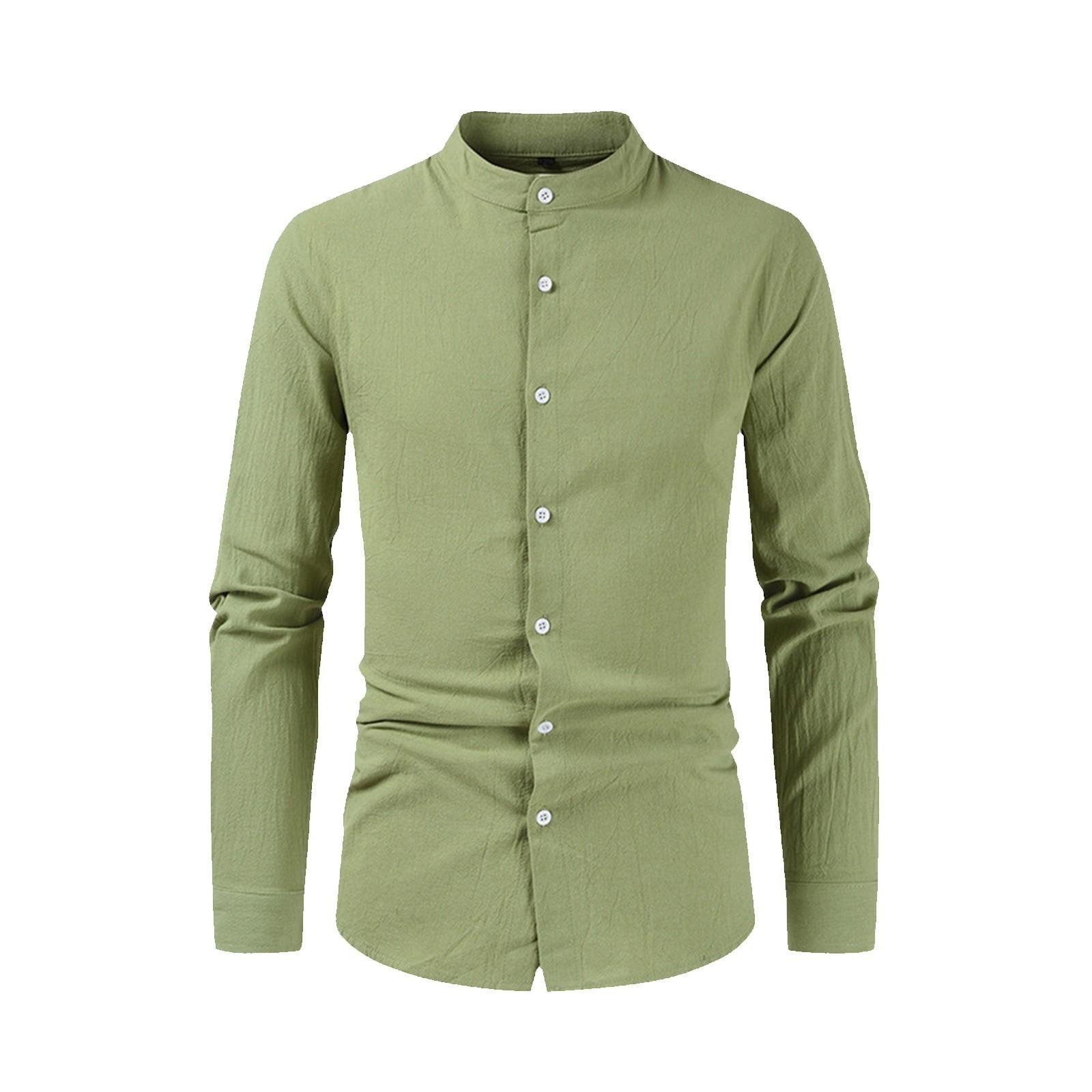 

Чоловіча повсякденна модна сорочка з довгим рукавом Чоловіча однотонна бавовняно-лляна сорочка зі стійкою та ґудзиками та довгим рукавом XXL