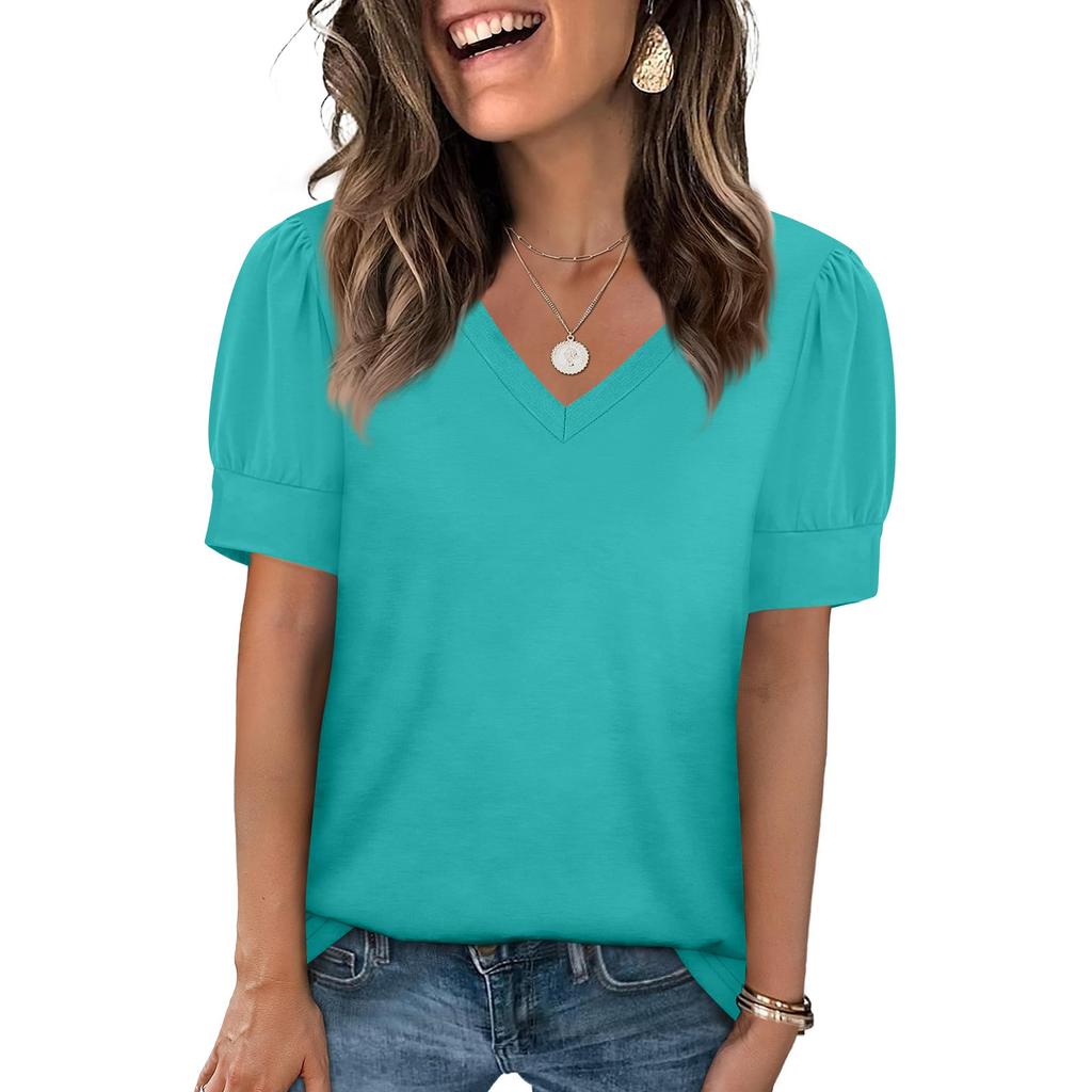 Women's Fashion Casual V- Neck Short Sleeve Color Shirt Women's Up Tops