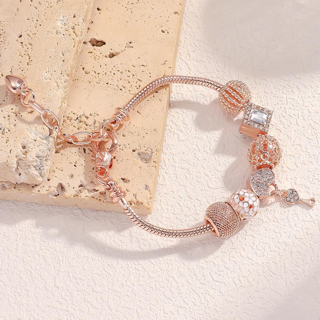 Women All Match Stainless Steel Crystal Love Lock Key Beads Bracelet