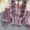 Danmo  Korean Style Chic Sexy Lace Blouse Women Long Lantern Sleeve Shirt Floral Elegant Mesh Blusas