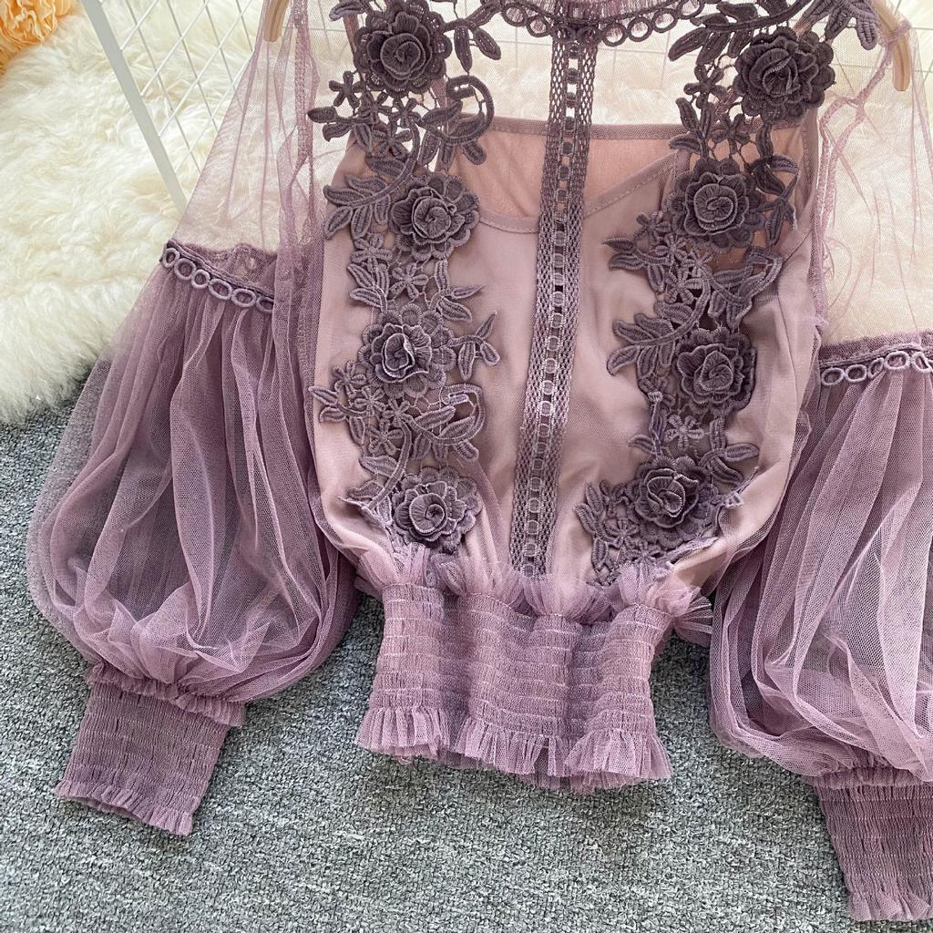 Danmo  Korean Style Chic Sexy Lace Blouse Women Long Lantern Sleeve Shirt Floral Elegant Mesh Blusas