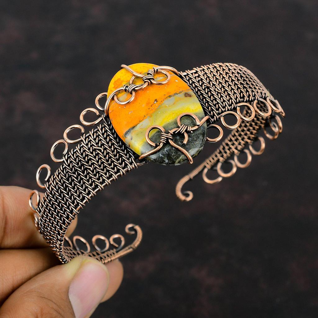 Bumble Bee Jasper Cuff Bracelet Copper Wire Wrapped Bangle Gemstone Bracelet Copper Wire Jewelry Handmade Adjustable Bangle Engagement Gift