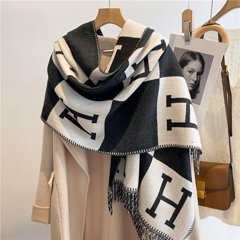 Core-spun yarn scarf winter new double-sided long letter shawl warm holiday gift scarf women