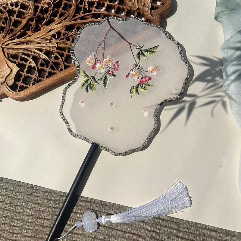 Chinese Style Hanfu Ancient Fan Dance Shooting Long Handled Embroidered Classical Double Sided Fan Female Decorative Fan
