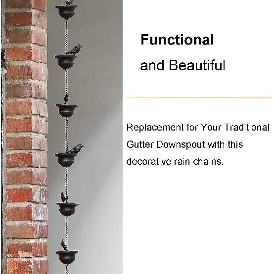 Jemeni 8.5 Feet Mobile Birds Rain Chain for Gutters with Attached Hanger, Dark Bronze……