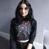 Gothic Halloween Cobweb Print Black T Shirt O Neck Long Sleeve Sexy Cropped Tops Punk Loose Autumn T-shirt
