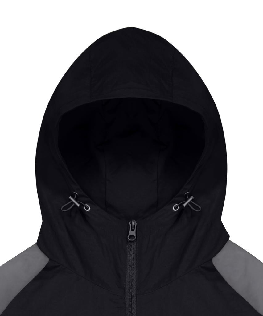 STANDARDERROR 87-Stan267 Nylon Shoulder Track Color Block Curved Hood Windbreaker Black