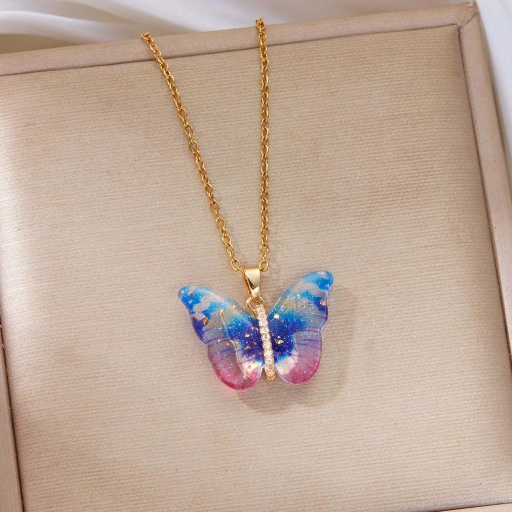 Romantic Blue Crystal Butterfly Necklace for Women Girls Double Layer Shiny Zircon Clavicle Chain Elegant Banquet Jewelry Gifts