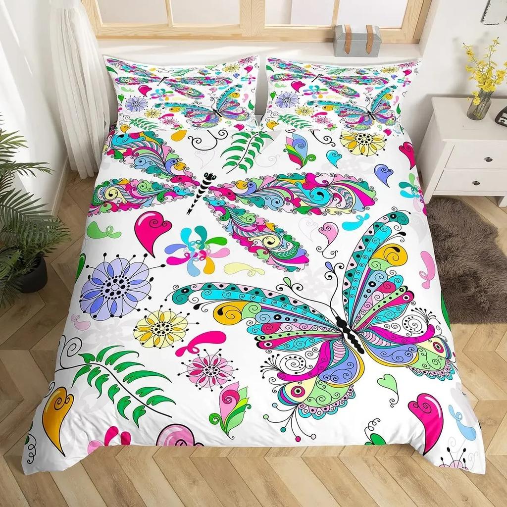 Boho Dragonfly King Queen Duvet Cover Cute Flower Love Heart Bedding Set Watercolor Floral Rustic Style Polyester Quilt Cover