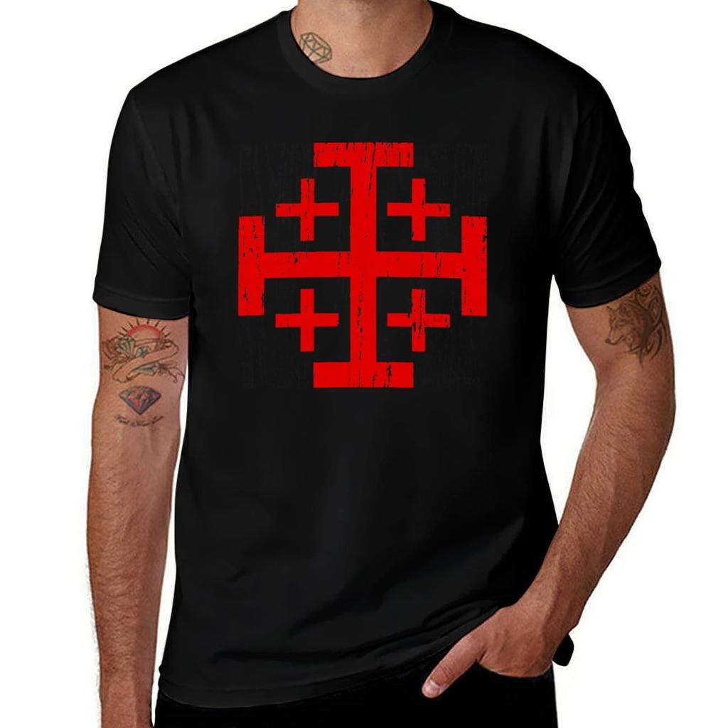 T-shirt Distressed con Croce di Gerusalemme T-shirt Base a Maniche Corte da Uomo
