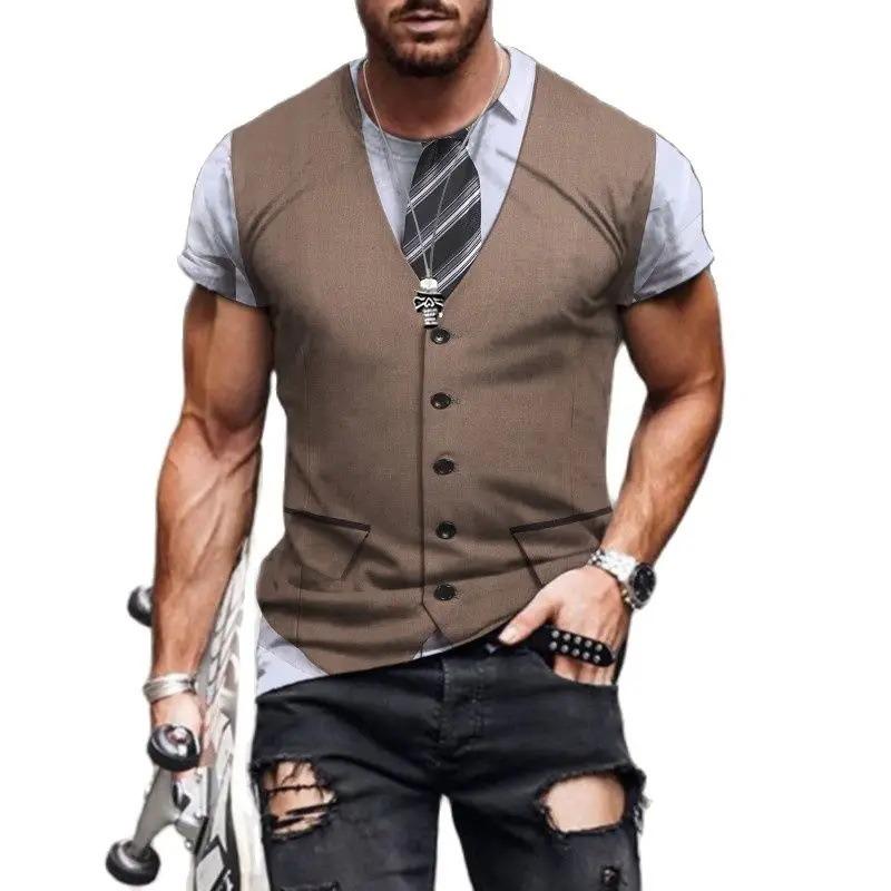 Letní pánská falešná dvoudílná trička s kulatým výstřihem Ležérní volný střih Vhodné pro outdoor Všestranné trendové tričko