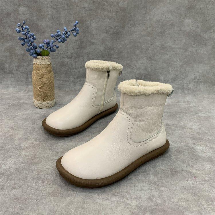 Handmade Retro Round Head Cotton Shoes Women's Winter 2024 Piled Thickened Snow Boots Zipper Short Boots Warm Small Leather Boots