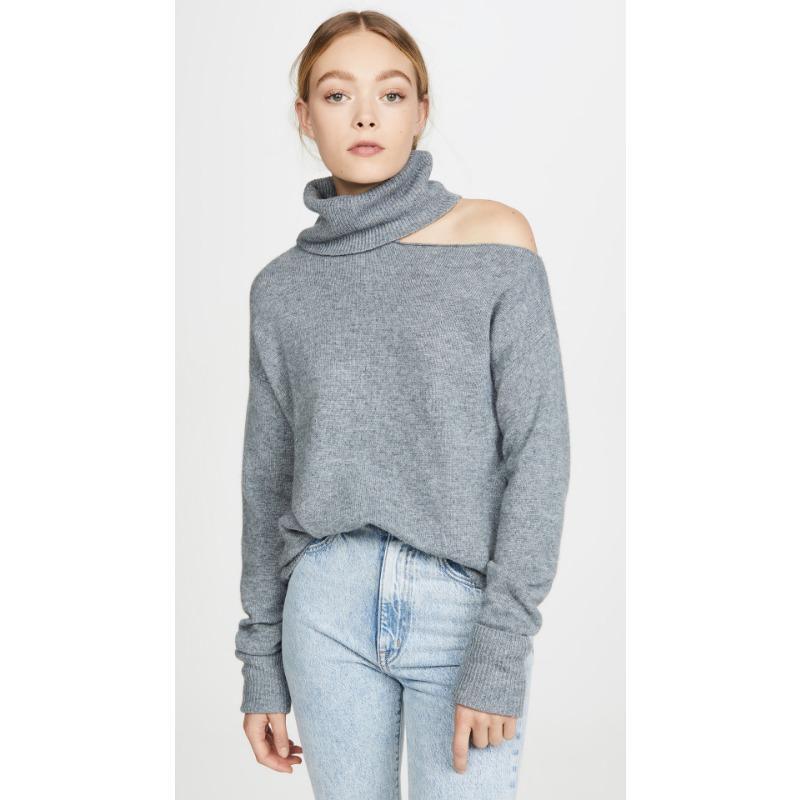 Autumn and Winter Women's Knitwear Solid Colour Lapel Leakage Shoulder Sexy Knitted Sweater