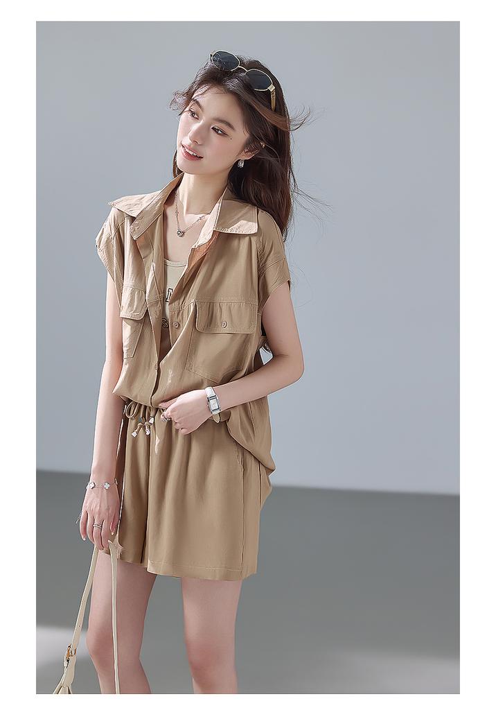 Korean Lazy Style Vest, Off-Shoulder Sleeve Shirt, and Shorts Three-Piece Set