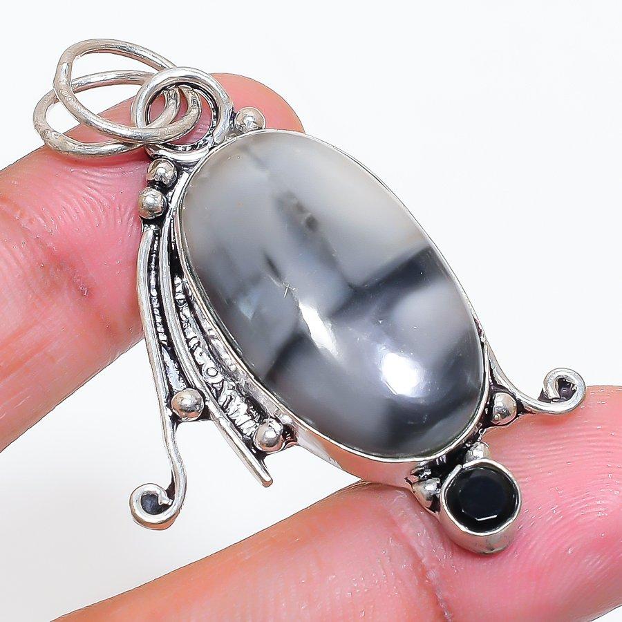 Natural Maligano Jasper, Spinel 925 Sterling Silver Jewelry Pendant 2.13" ZS-701