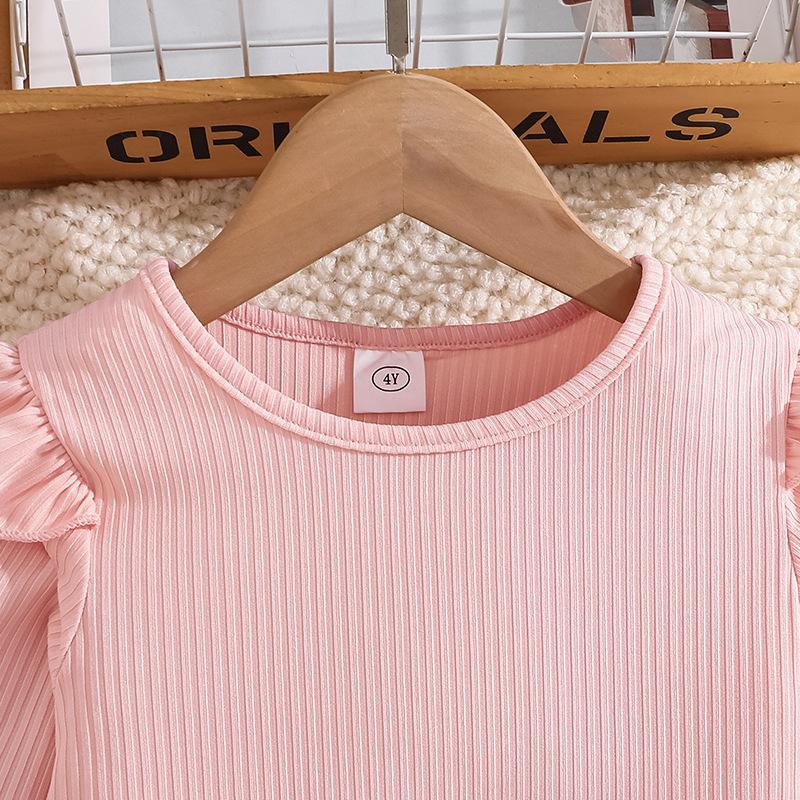 Girls' Outfit Children's Clothing Summer New Ribbed Long Sleeve Top Printed Strap Dress Two-Piece Set