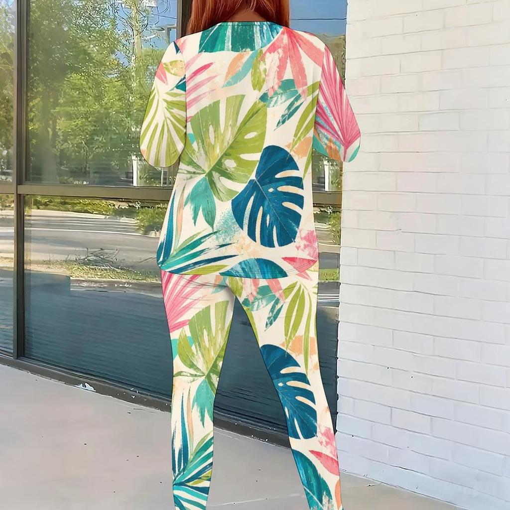 Women Plus Size Round Neck Long Sleeve Green Blue Printed Fitted Pants Two Piece Set