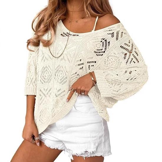 2025 Spring-Summer Crochet Hollow Seven-Sleeve Knit Pullover