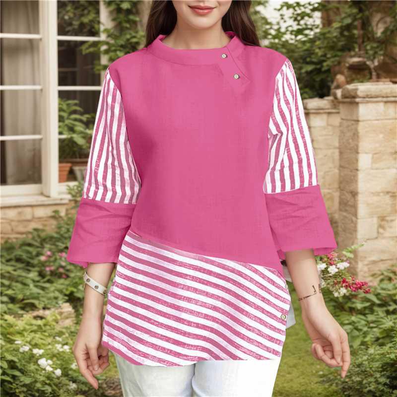 

ZANZEA Женская повседневная летняя блузка в полоску с рукавами 3/4 и воротником-стойкой 5XL темно-розовый