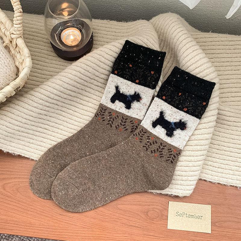 Vintage Fair Island Puppy Wool Socks Thickened Warm Tube Socks Stockings Stacking Socks Cute Plush Socks