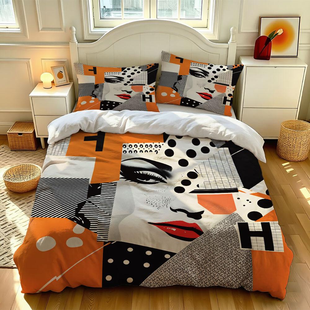3PCS Pop Art Collage Girl Bedding Set with Soft Core, Decorative, and Machine-Washable