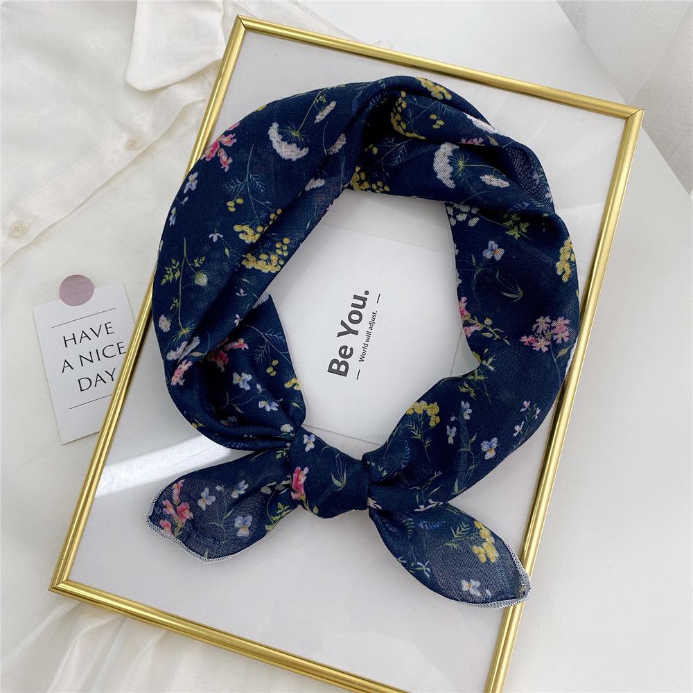Floral Cotton Linen Silk Scarf: Women's Square Headband for Spring, Summer, Autumn - Korean Fresh Style