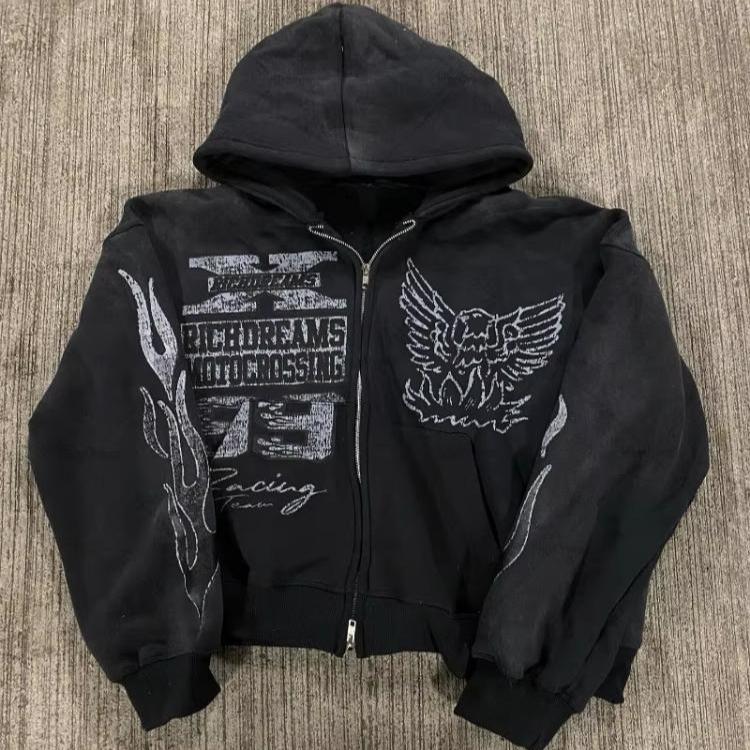 GLYDE Europäische und Amerikanische Mode Lässiger Übergroßer Hoodie Herren Y2k Retro Anime Print Jacke Gothic Harajuku Reißverschluss Sweatshirt