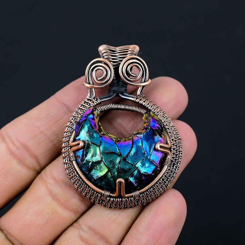 Titanium Druzy Gemstone Copper Wire Wrap Handmade Pendant Jewelry Gift For Love
