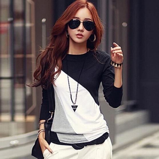 Korean Fashion Women Style Autumn Slim Fit Color Block Blouse Long Sleeve Shirt