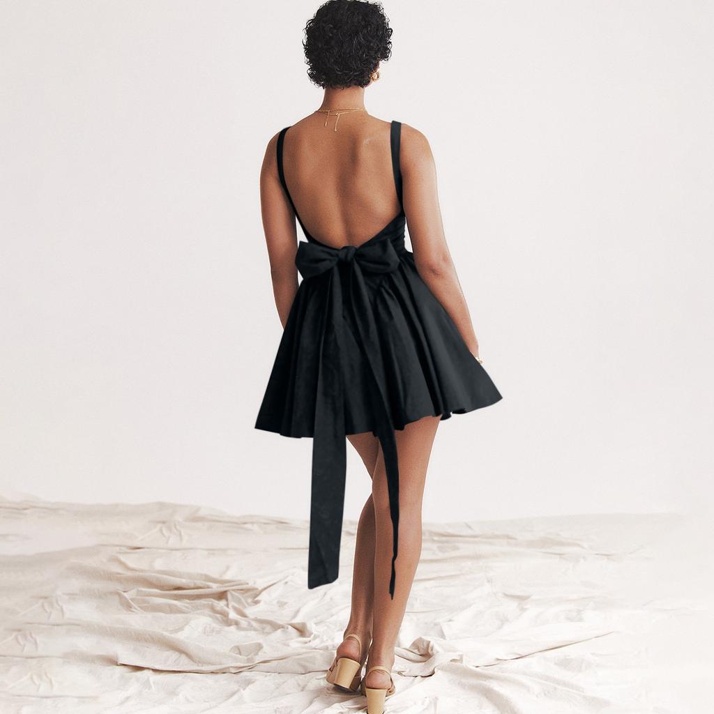 Women's Fashion Solid Color Butterfly Knot Open Back Sleeveless Dress