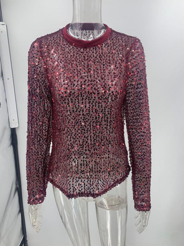 2024 European & American Sequin Mesh Slim-Fit Long-Sleeve Top