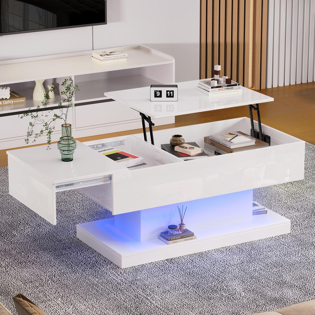 Tavolino da caffè sollevabile ad alta lucentezza, Tavolino da caffè a LED 100x50x45 cm, Piano del tavolo semi-sollevabile con design scorrevole laterale, Sollevamento idraulico e spazio di archiviazione