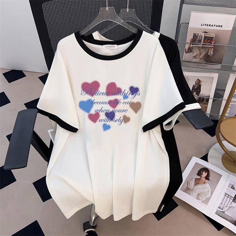 

Plus Size Loose Fit Mid-Length Short Sleeve T-Shirt for Women (Round Neck, Slimming, Sizes 200/300/350 Jin) 1076 3XL чорний