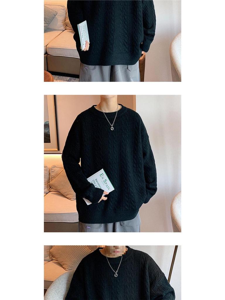 Men's Cable Knit Crew Neck Sweater, Loose Fit, Retro Hong Kong Style, Trendy Casual Knitwear for Autumn and Winter.