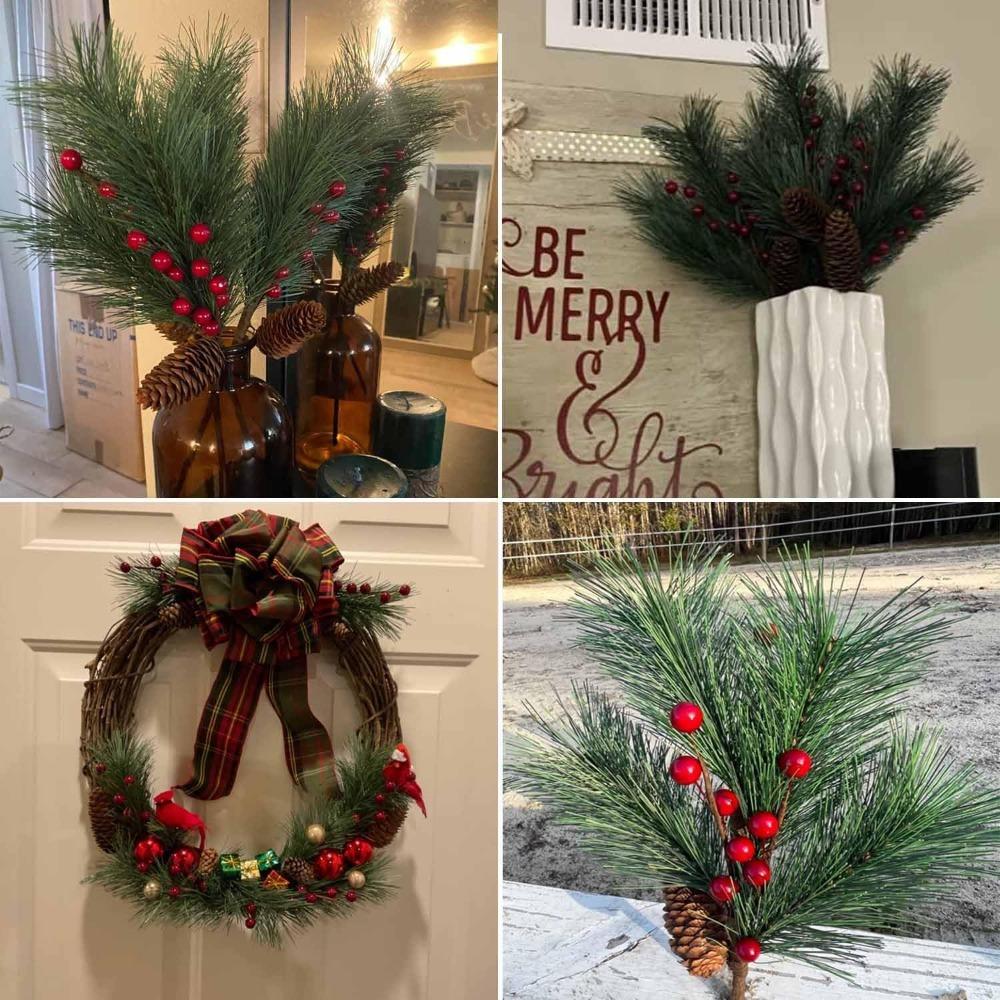 Christmas Berries Pine Picks Christmas Flowers Artificial Red Berry Pine Branches Long Faux Pine Stems with Pinecones for Xmas Tree Floral Arrangement